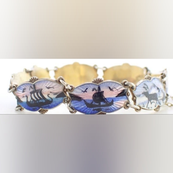 Guilloche Sterling Norway Scene Panel Links Ivar Holt 925 1950's Signed Bracelet - Picture 2 of 14